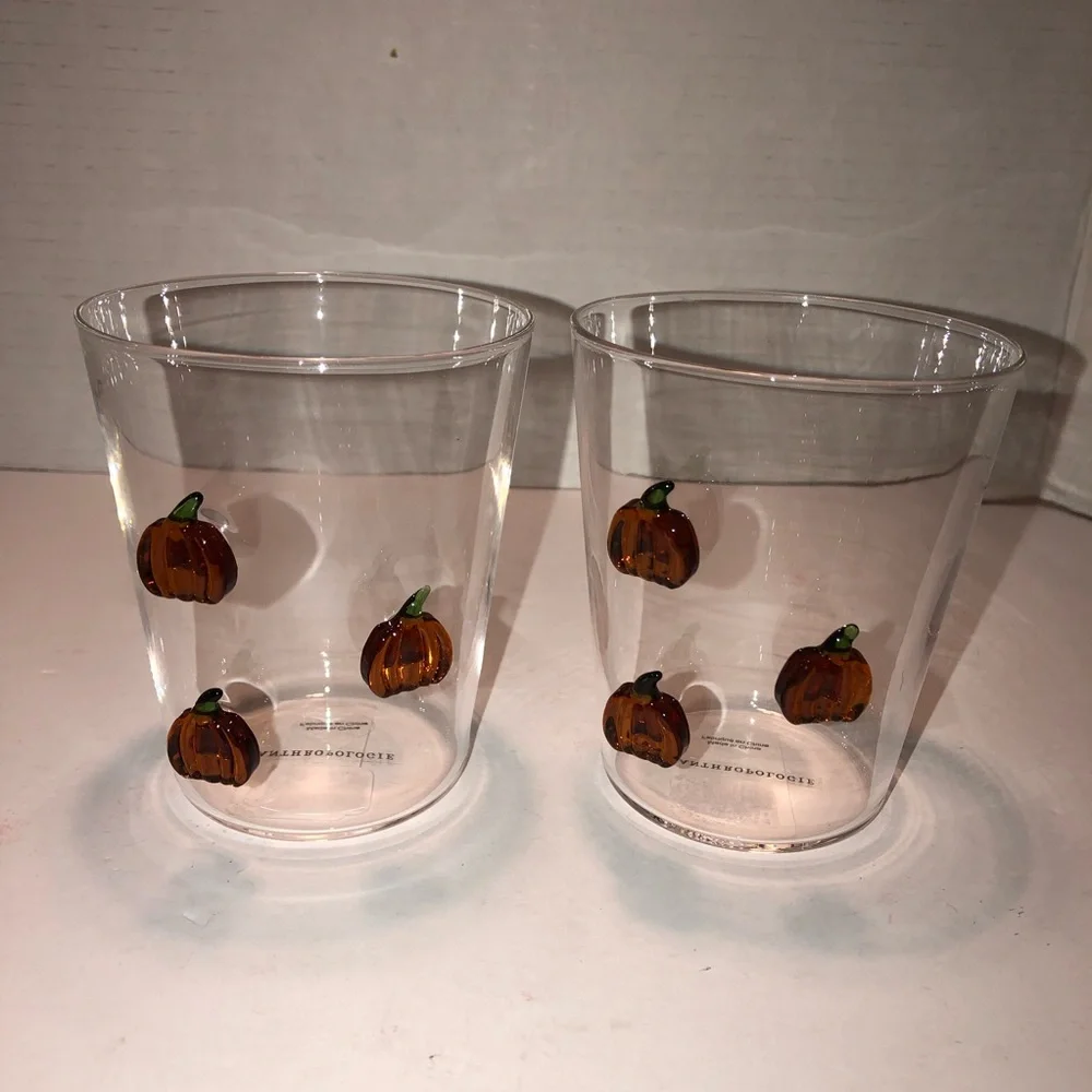 New Set of 2 Anthropologie Halloween 3D Pumpkin Icon Juice Glass Mugs Cups